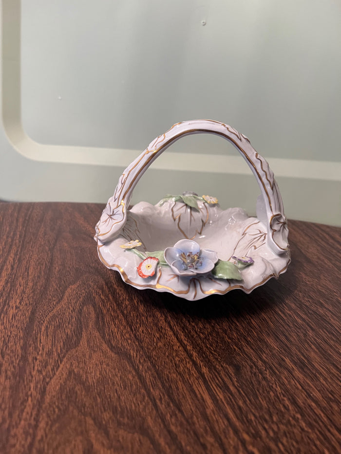 Dresden Hand Painted Floral Porcelain Basket / Candy Dish
