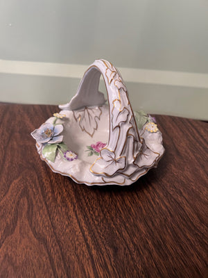 Dresden Hand Painted Floral Porcelain Basket / Candy Dish