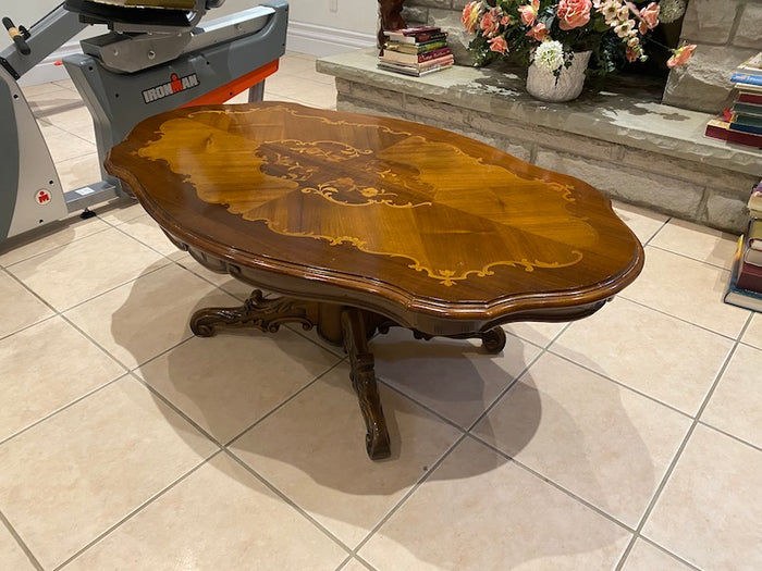 Vintage Italian Rococo Style Inlaid Coffee Table, Carved Base