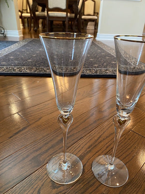 2 Champagne Glasses with Gold Trim