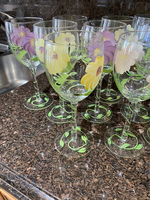 12 Floral Painted Wine Glasses