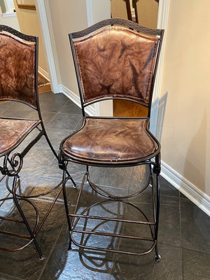 2 Palma Brava Wrought Iron & Leather Bar Stools