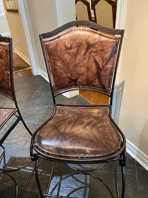 2 Palma Brava Wrought Iron & Leather Bar Stools