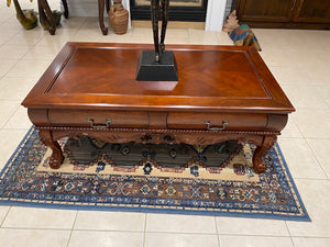 Wood Coffee Table, Carved Legs w/2 Drawers