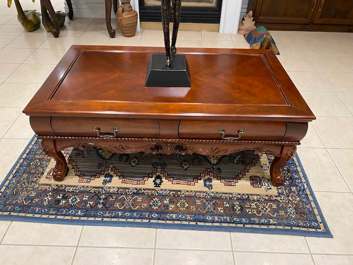 Wood Coffee Table, Carved Legs w/2 Drawers