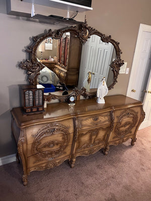 Antique Wood Carved Dresser with Mirror Ornate Attached