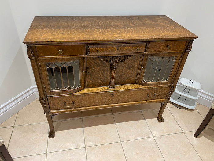 Antique Oak Sideboard, Lead Glass Doors