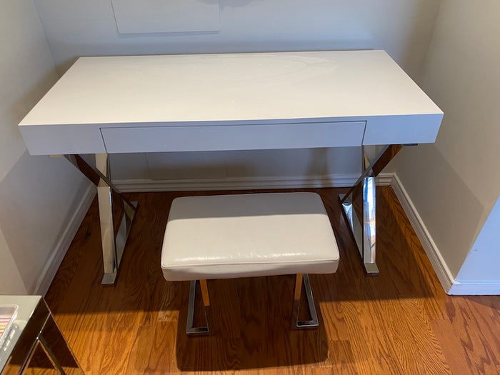 White Lacquered Desk + White Faux Leather Stool
