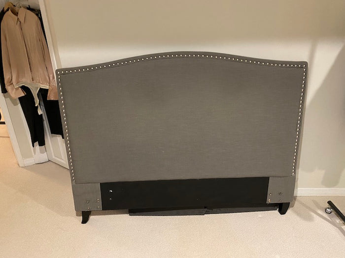 Grey Upholstered Queen Headboard, Studded Trim