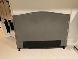 Grey Upholstered Queen Headboard, Studded Trim