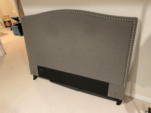 Grey Upholstered Queen Headboard, Studded Trim