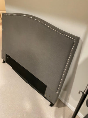 Grey Upholstered Queen Headboard, Studded Trim