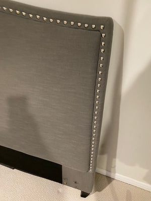 Grey Upholstered Queen Headboard, Studded Trim