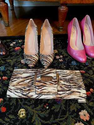 Stuart Weitzman Patent Leather Tiger Print Heels + BRAND NEW Browns Clutch- Combo.
