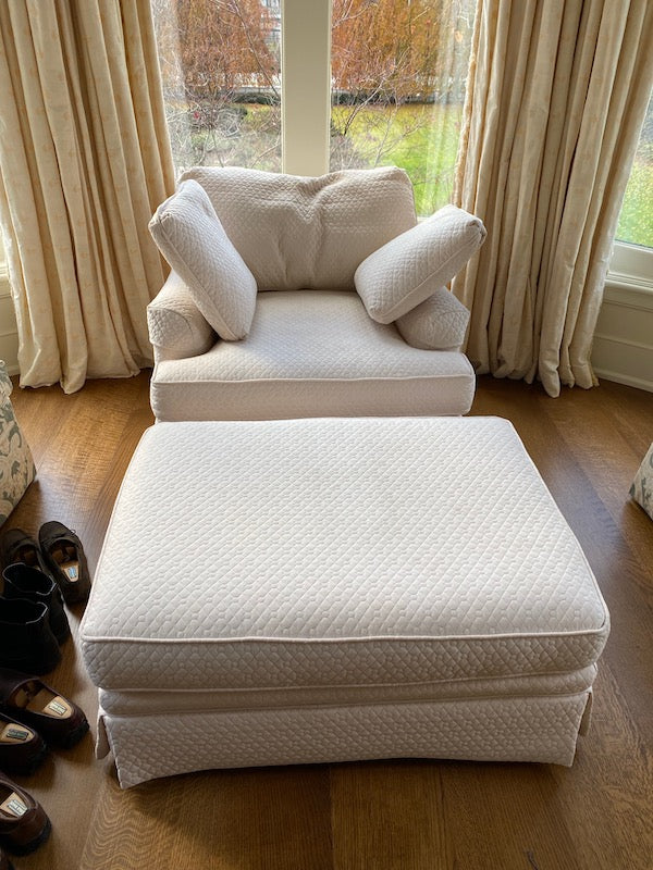 Large White Upholstered Armchair + Ottoman