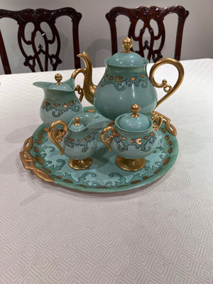 Antique Limoges France Green & Gold Tea Set