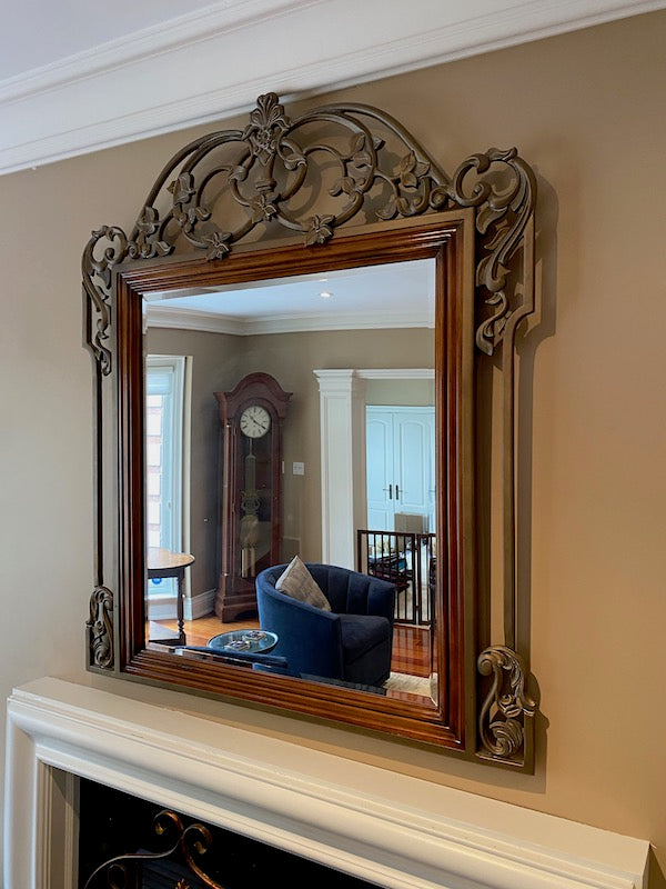 Large Wood Mirror with Ornate Metal Trim