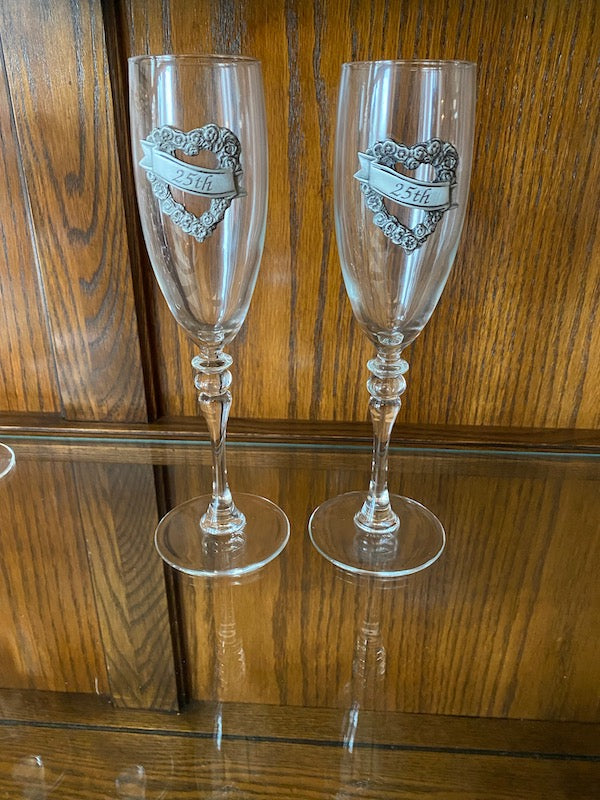 2 Luminarc France Champagne Glasses, Pewter Accents