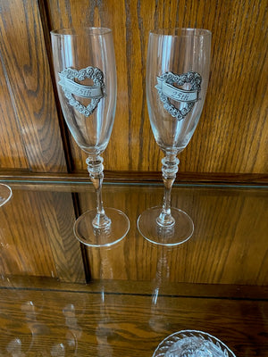 2 Luminarc France Champagne Glasses, Pewter Accents