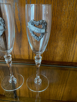 2 Luminarc France Champagne Glasses, Pewter Accents