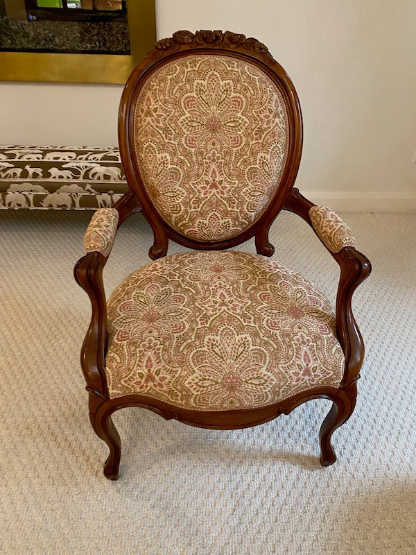 Victorian Style Wood Carved, Upholstered Armchair