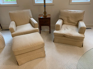 2 Beige Upholstered Armchairs + 1 Ottoman