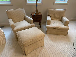 2 Beige Upholstered Armchairs + 1 Ottoman