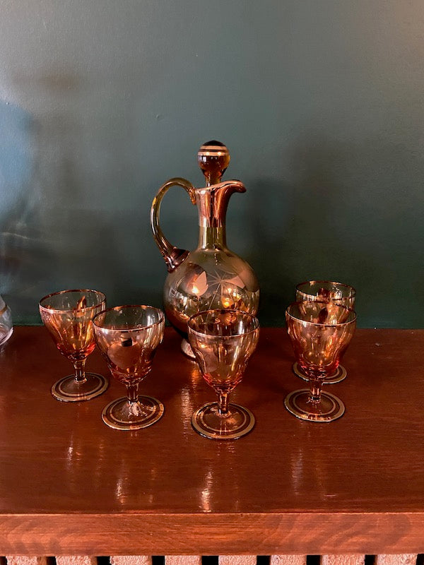 Decanter with Gold Accents + 5 Glasses