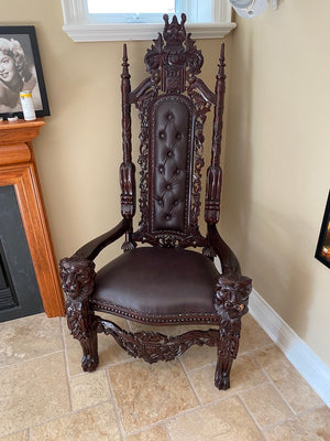 Wood Carved & Leather Large Throne Chair