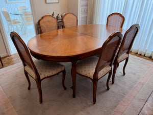 Antique Carved Wood Dining Table + 6 Cane Back Chairs (2 Additional Leaves)