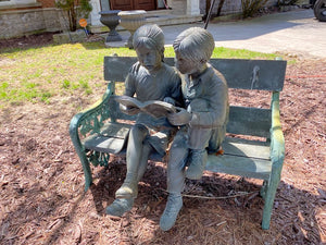 Outdoor Cast Bronze Statue- Boy & Girl Reading on a Bench