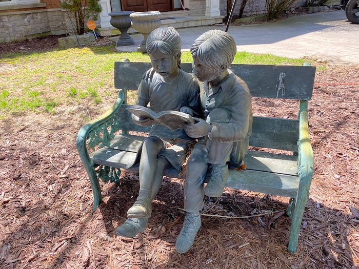 Outdoor Cast Bronze Statue- Boy & Girl Reading on a Bench