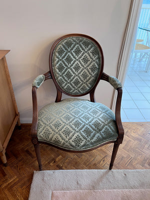 Vintage French Round Back Armchair, Green Upholstery
