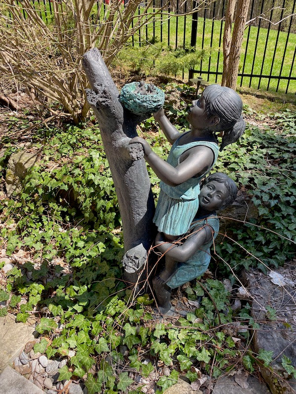 Outdoor Cast Bronze Statue "Baby Rescue"- 2 Girls Rescuing Bird's in a Tree