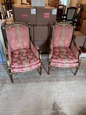 Pair of French Style Antique Chairs, Red Upholstery