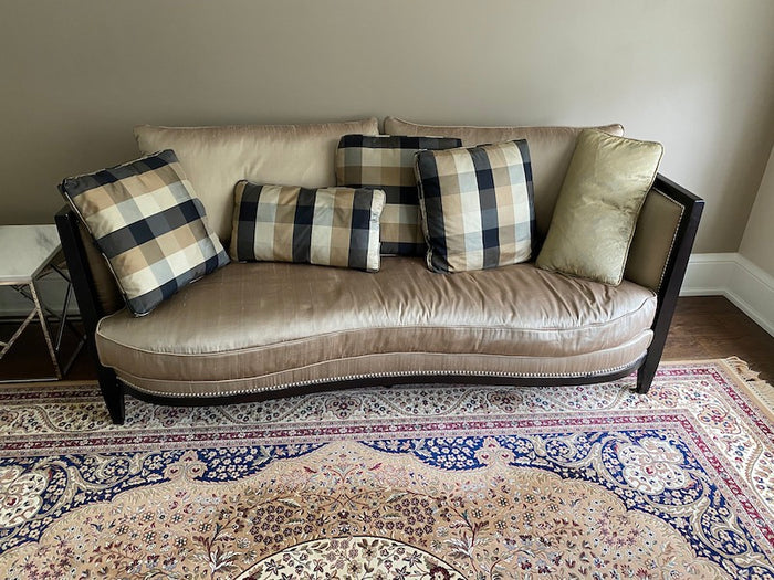 "Regency House Inc" Beige Silk Sofa, Black Wood Frame, Silver Studded Trim