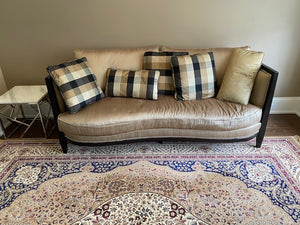 "Regency House Inc" Beige Silk Sofa, Black Wood Frame, Silver Studded Trim