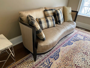 "Regency House Inc" Beige Silk Sofa, Black Wood Frame, Silver Studded Trim