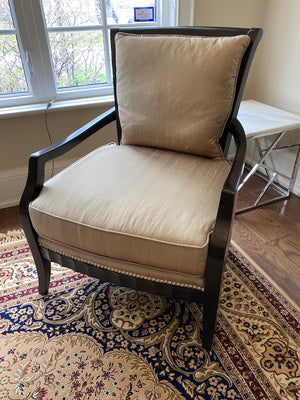 PAIR OF "Regency House Inc" Beige Silk Armchairs, Black Wood Frame, Silver Studded Trim