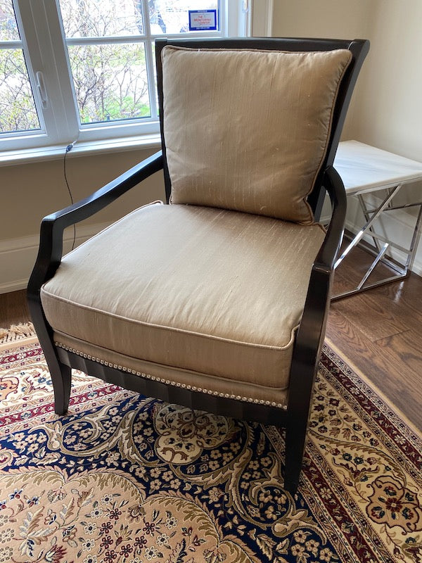 PAIR OF "Regency House Inc" Beige Silk Armchairs, Black Wood Frame, Silver Studded Trim