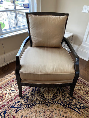 PAIR OF "Regency House Inc" Beige Silk Armchairs, Black Wood Frame, Silver Studded Trim