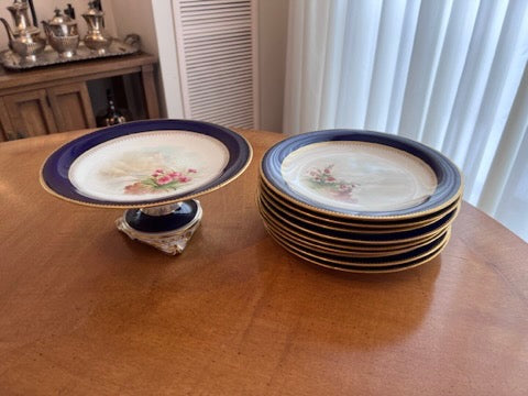 Antique Hand Painted Floral/Cobalt Blue Dessert Set