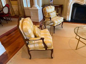 2 Yellow Patterned French Style Bergere Chairs