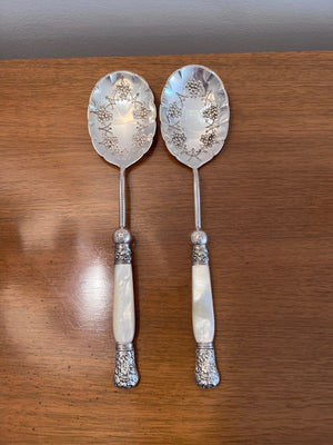 Antique Silver Plated and Mother of Pearl Salad Serving Spoons