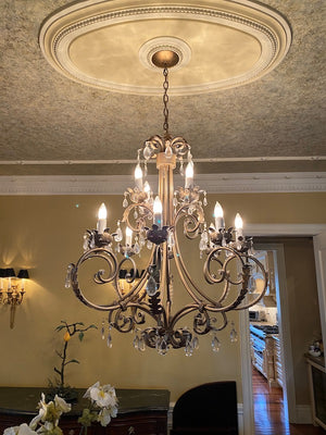 Gold Metal Chandelier with 12 Lights & Glass Pendants