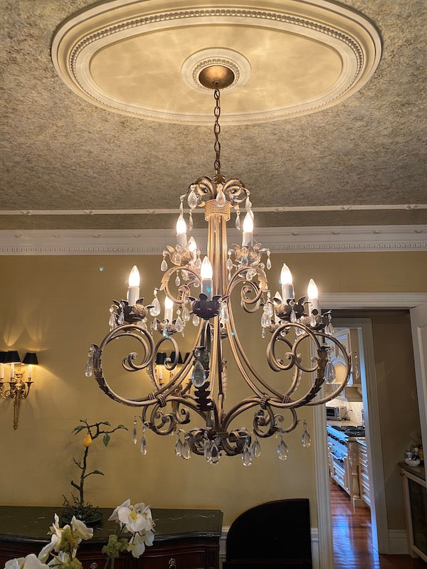 Gold Metal Chandelier with 12 Lights & Glass Pendants