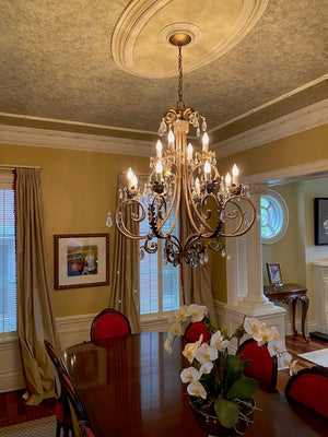 Gold Metal Chandelier with 12 Lights & Glass Pendants