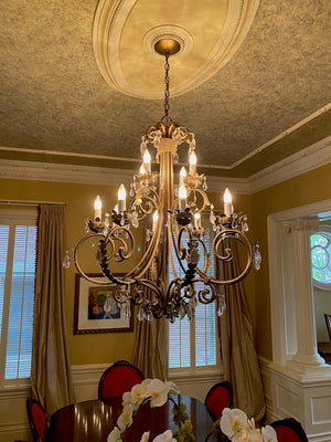 Gold Metal Chandelier with 12 Lights & Glass Pendants