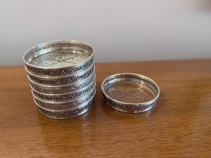 7 Embossed Sterling Silver with Glass Stackable Coasters