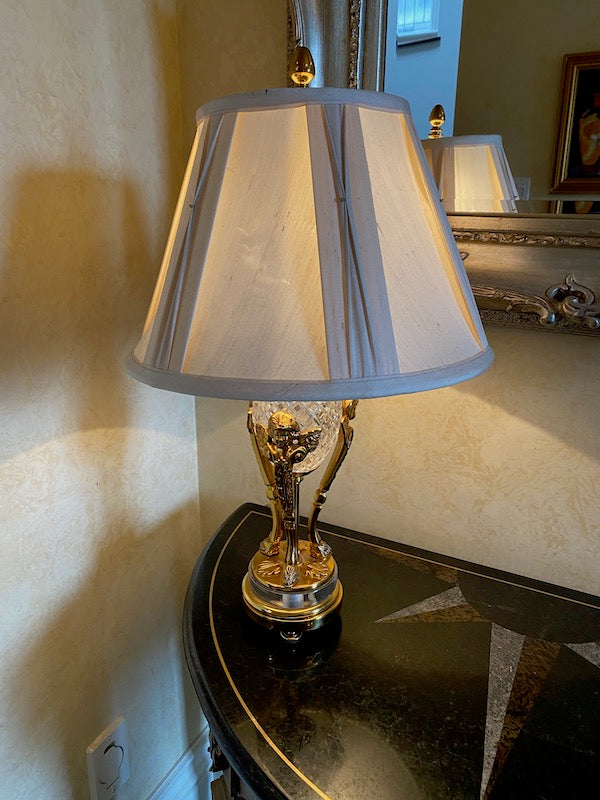 Brass & Crystal Table Lamp, White Shade